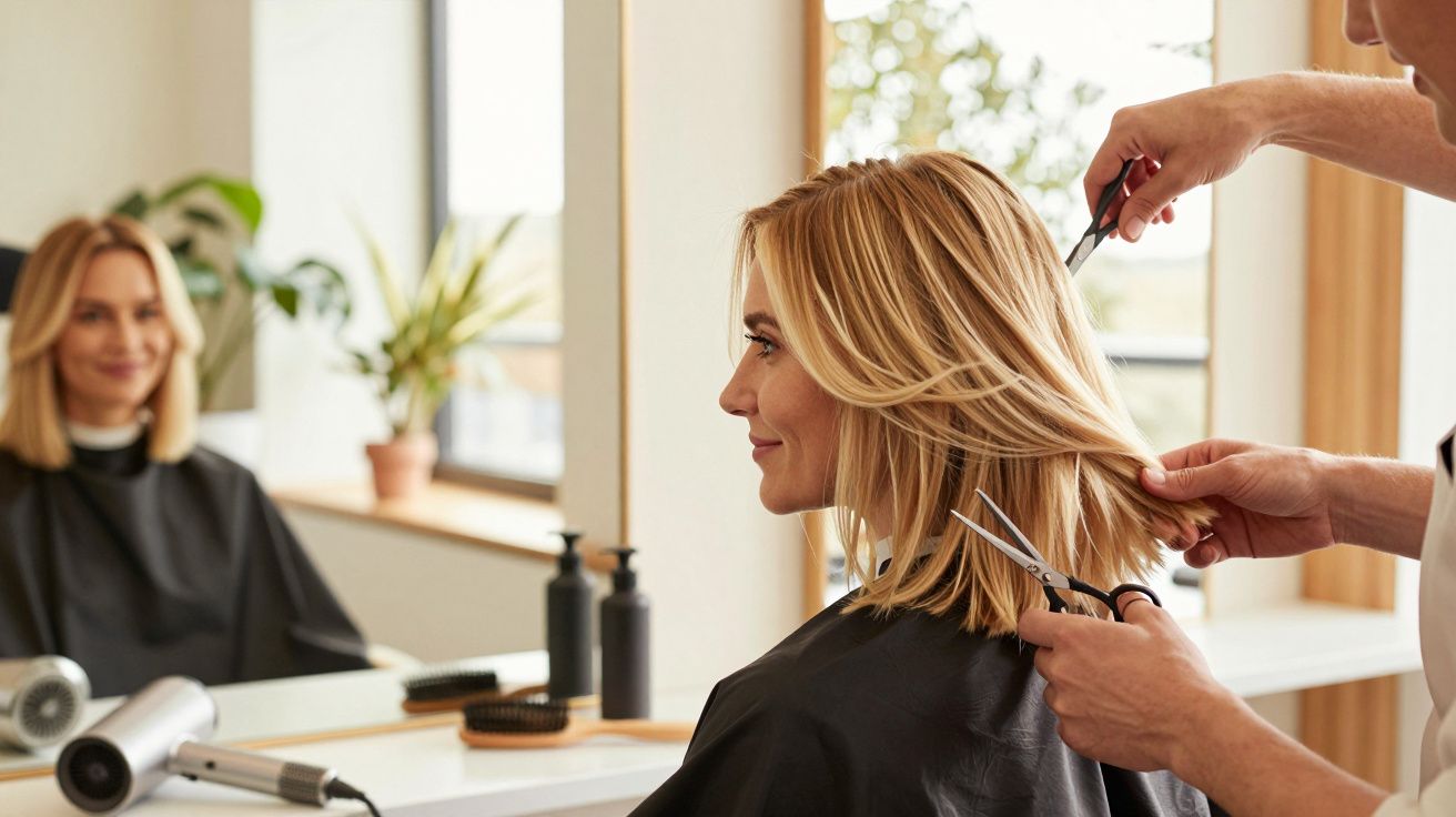 Kobieta z blond włosami siedzi u fryzjera podczas strzyżenia, w tle lustro i suszarka do włosów.