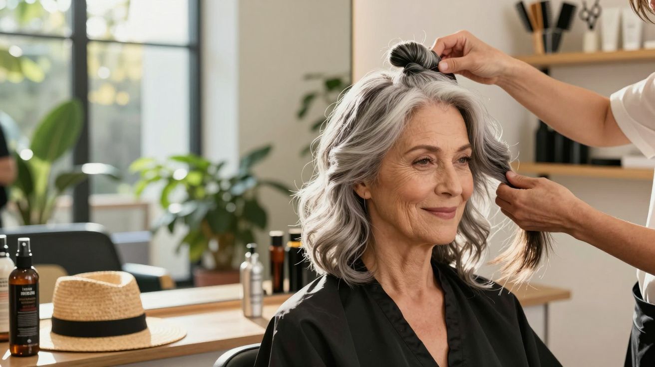 Starsza kobieta z siwymi włosami w salonie fryzjerskim podczas stylizacji przez fryzjera.