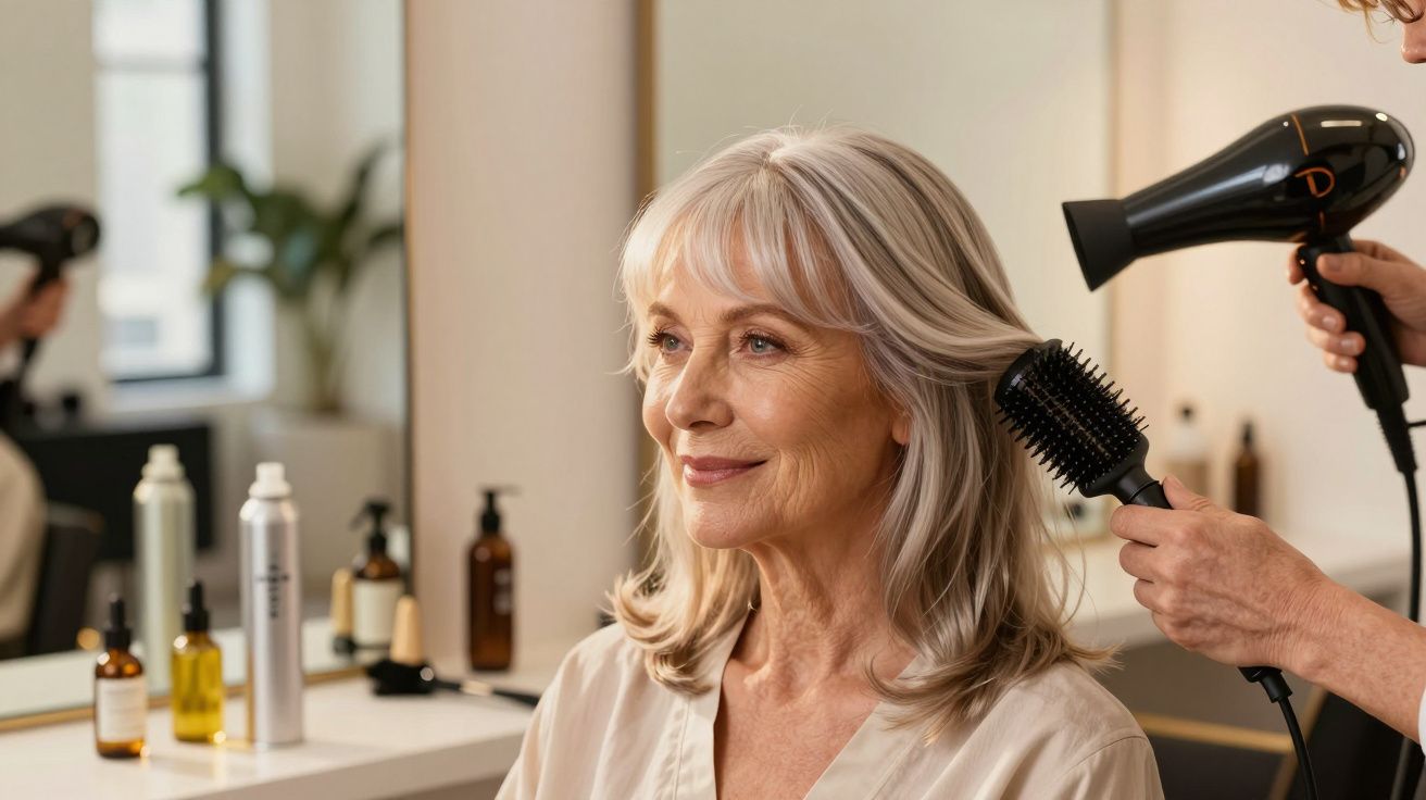Starsza kobieta uśmiecha się podczas stylizacji włosów w salonie fryzjerskim.