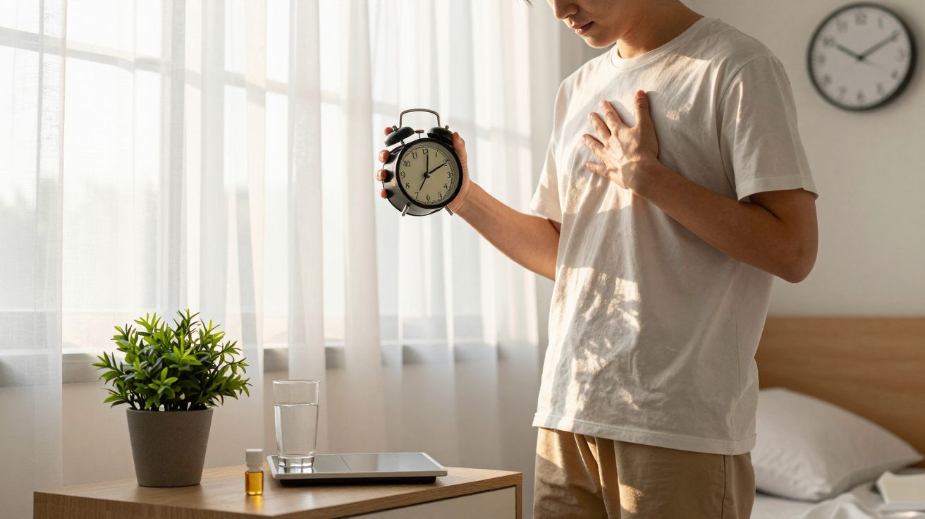 Mężczyzna trzyma budzik i trzyma się za klatkę piersiową, obok stolik z rośliną, tabletkami i szklanką wody.