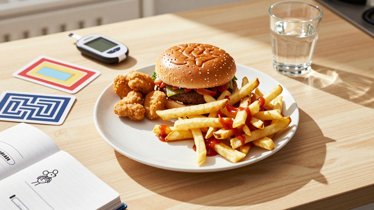 Talerz z burgerem, frytkami i nuggetami na stole, obok glukometr i szklanka wody.
