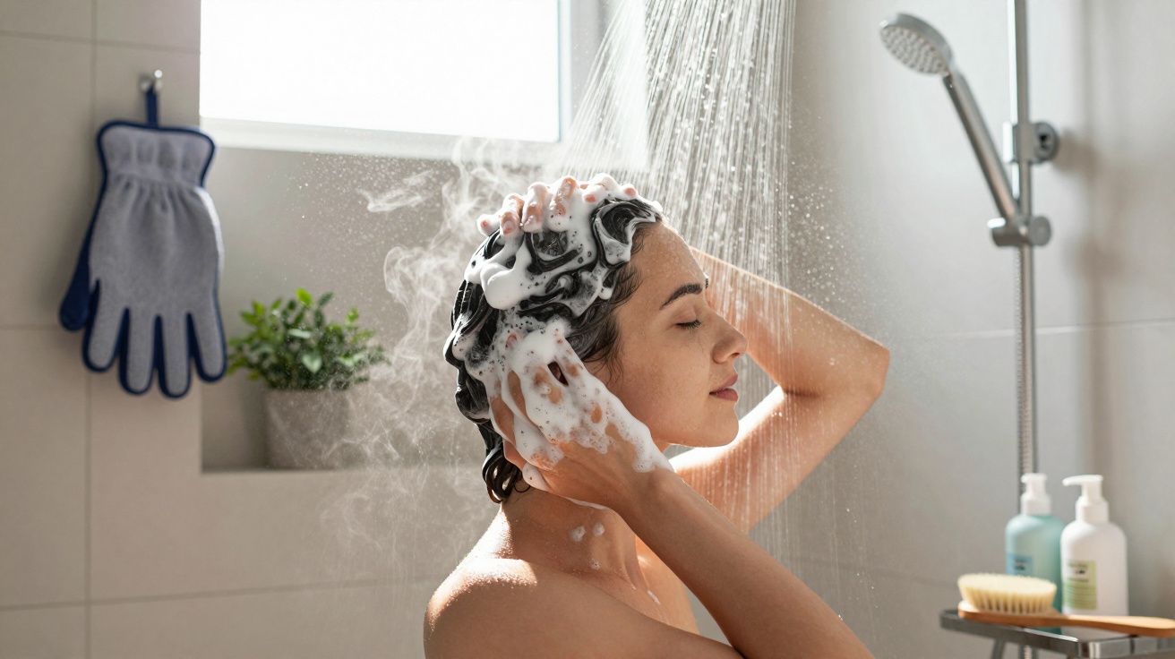 Kobieta myje włosy pod prysznicem z pianą na głowie, relaksująca się w łazience.