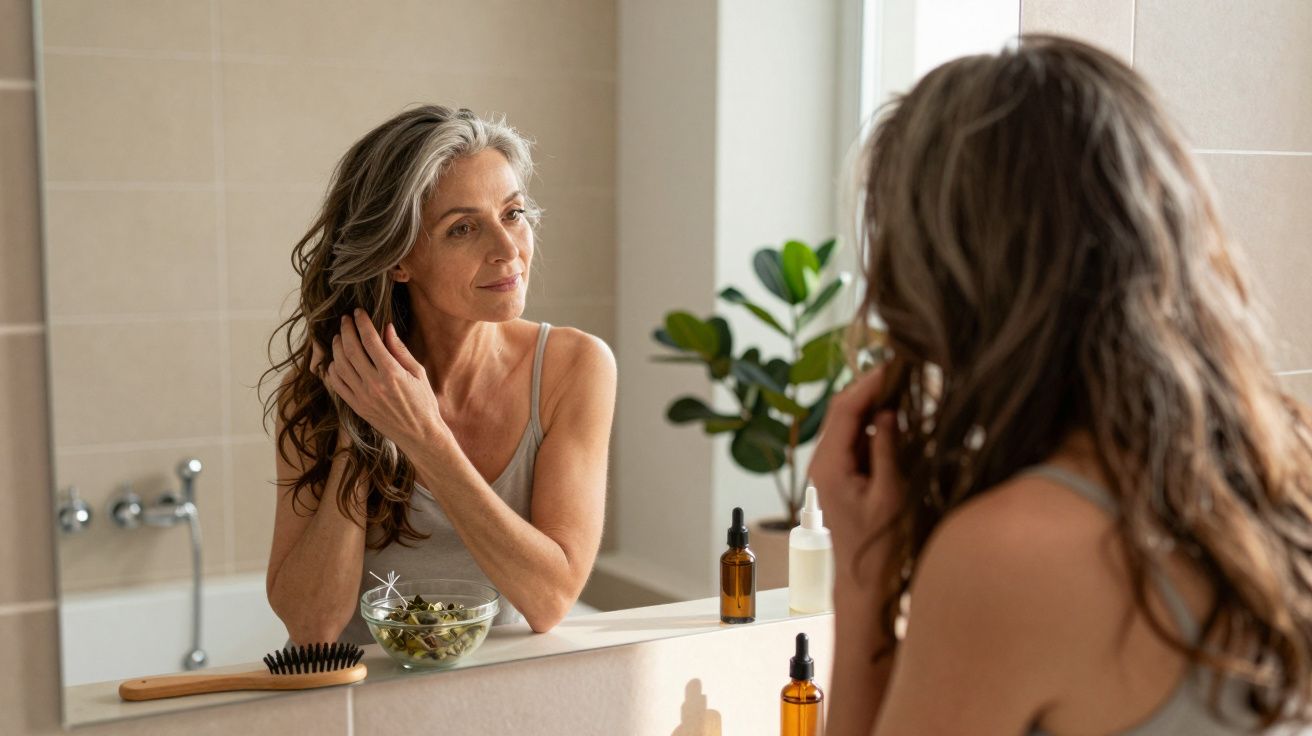 Kobieta z siwymi włosami pielęgnuje włosy siedząc przed lustrem w łazience.