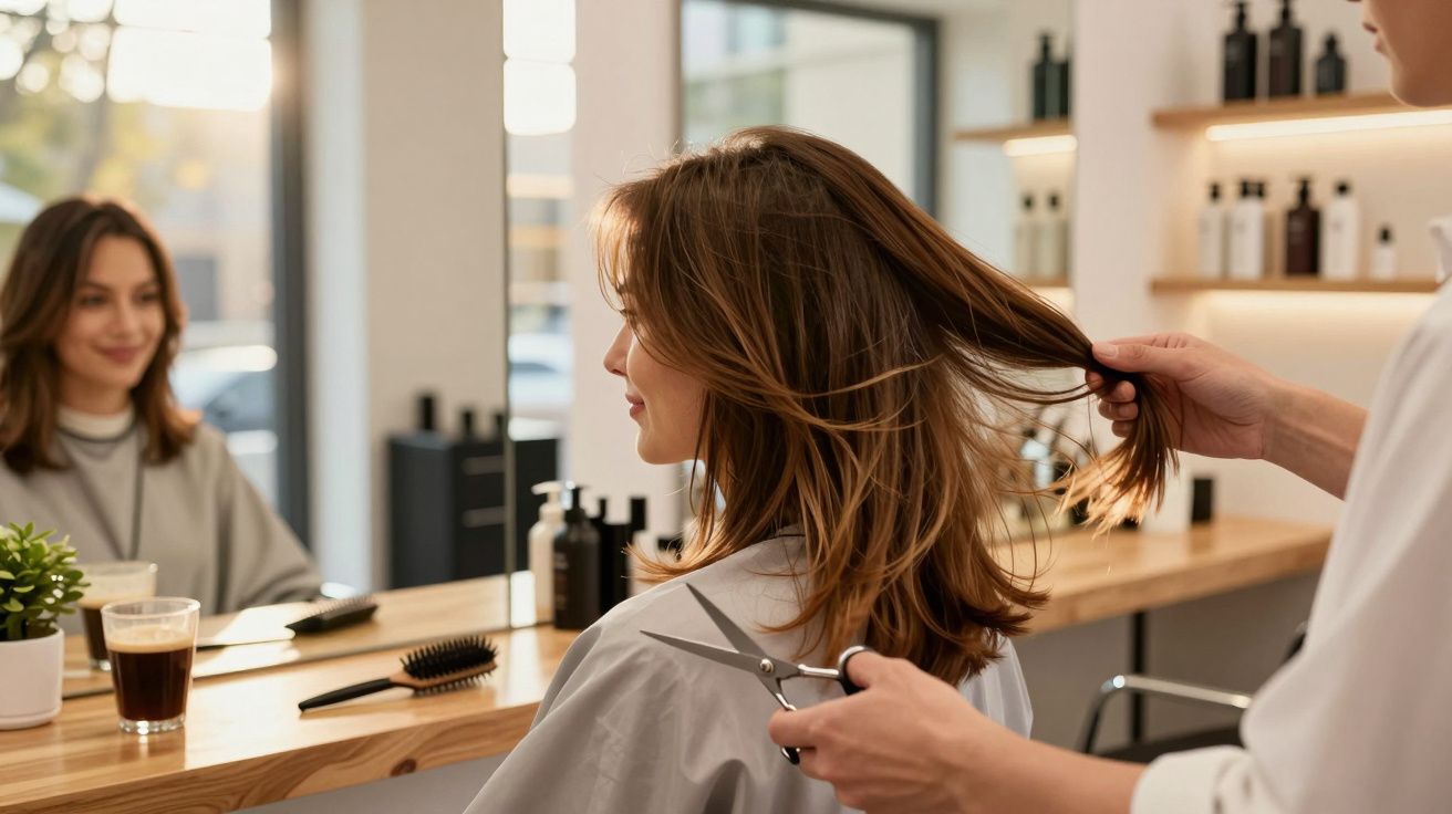 Kobieta u fryzjera siedzi w fotelu, fryzjerka przygotowuje się do strzyżenia jej włosów.