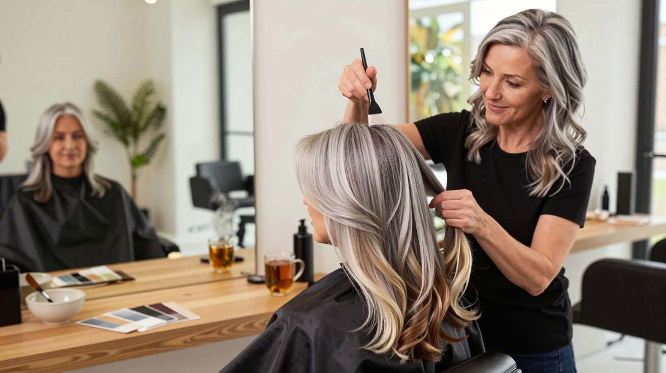 Fryzjerka nakłada farbę na włosy klientki w salonie fryzjerskim, obie mają siwe włosy.