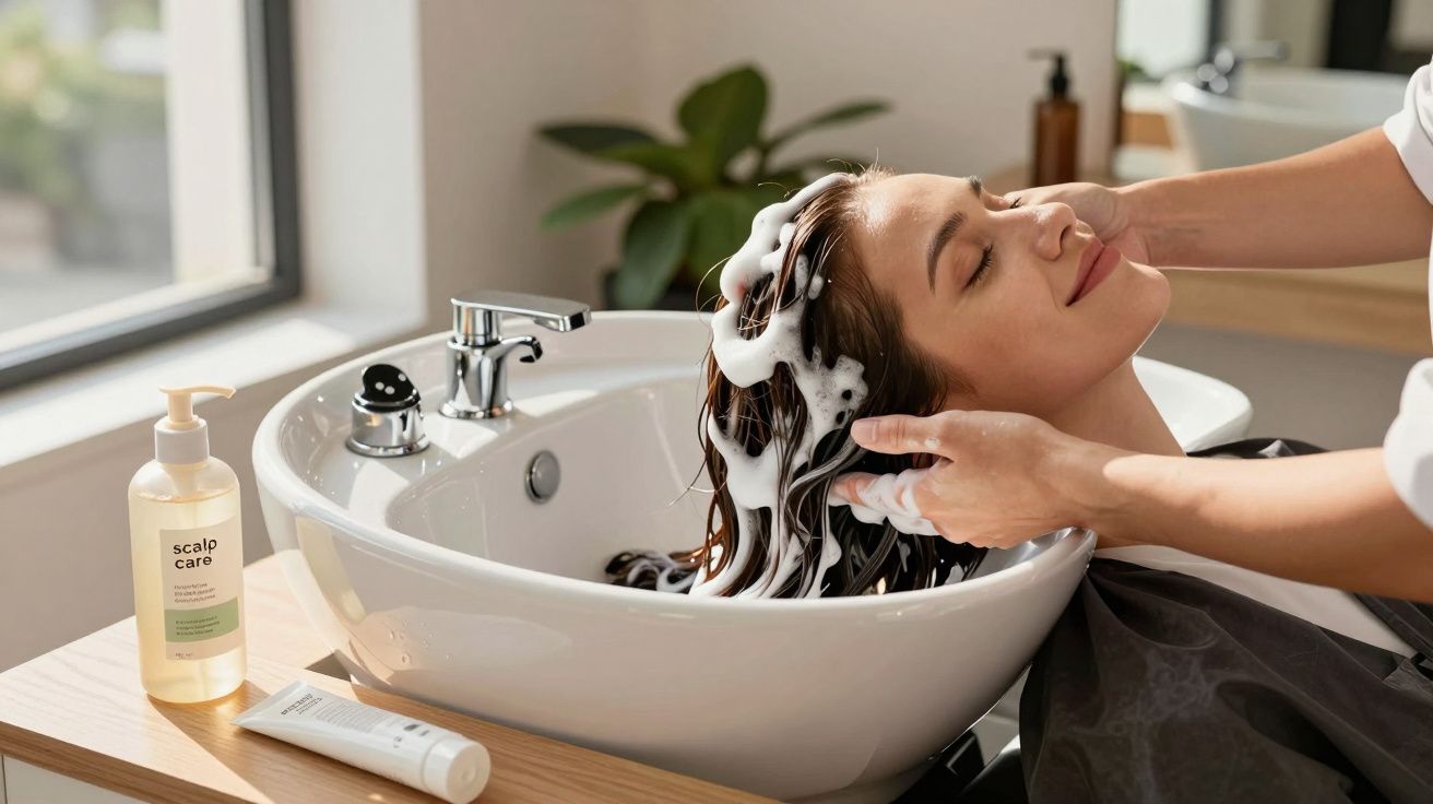 Kobieta relaksująca się podczas mycia włosów w salonie fryzjerskim, z pianą na włosach.