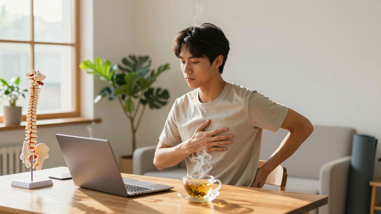 Mężczyzna siedzi przy stole, trzymając się za klatkę piersiową i odcinek kręgosłupa, laptop i herbata na stole.