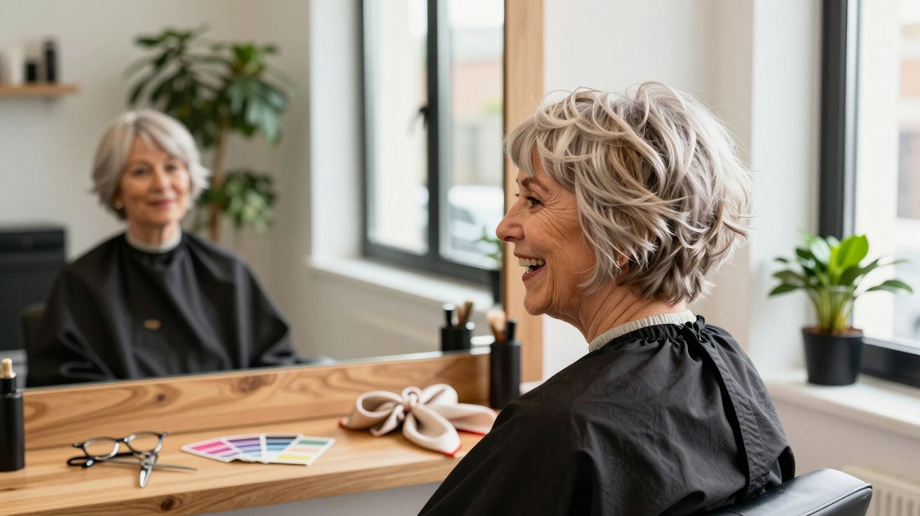Starsza kobieta z krótkimi siwymi włosami siedzi u fryzjera, patrząc w lustro i uśmiechając się.