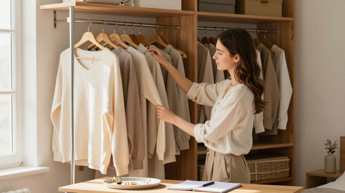 Kobieta przegląda swetry na wiszących wieszakach w jasnej, uporządkowanej szafie w pokoju.