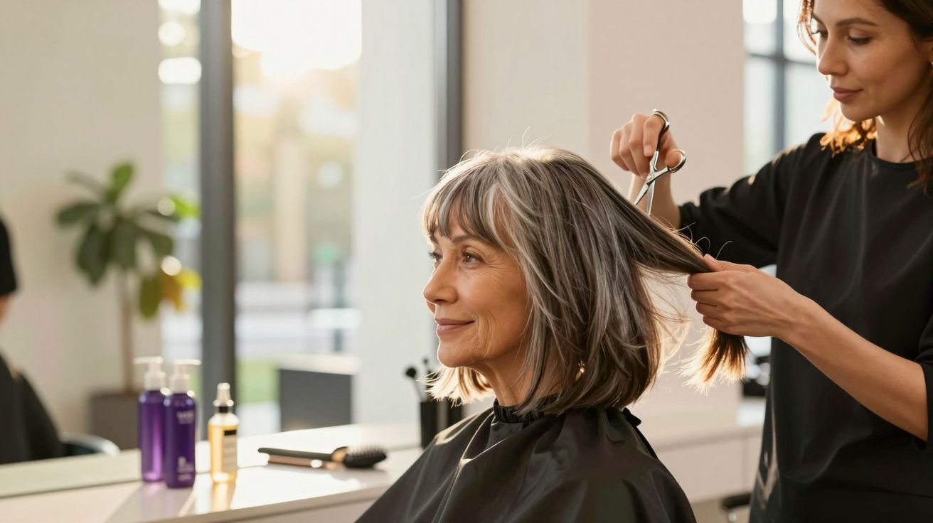 Kobieta z siwymi włosami u fryzjera, fryzjerka podcina końcówki włosów w nowoczesnym salonie.