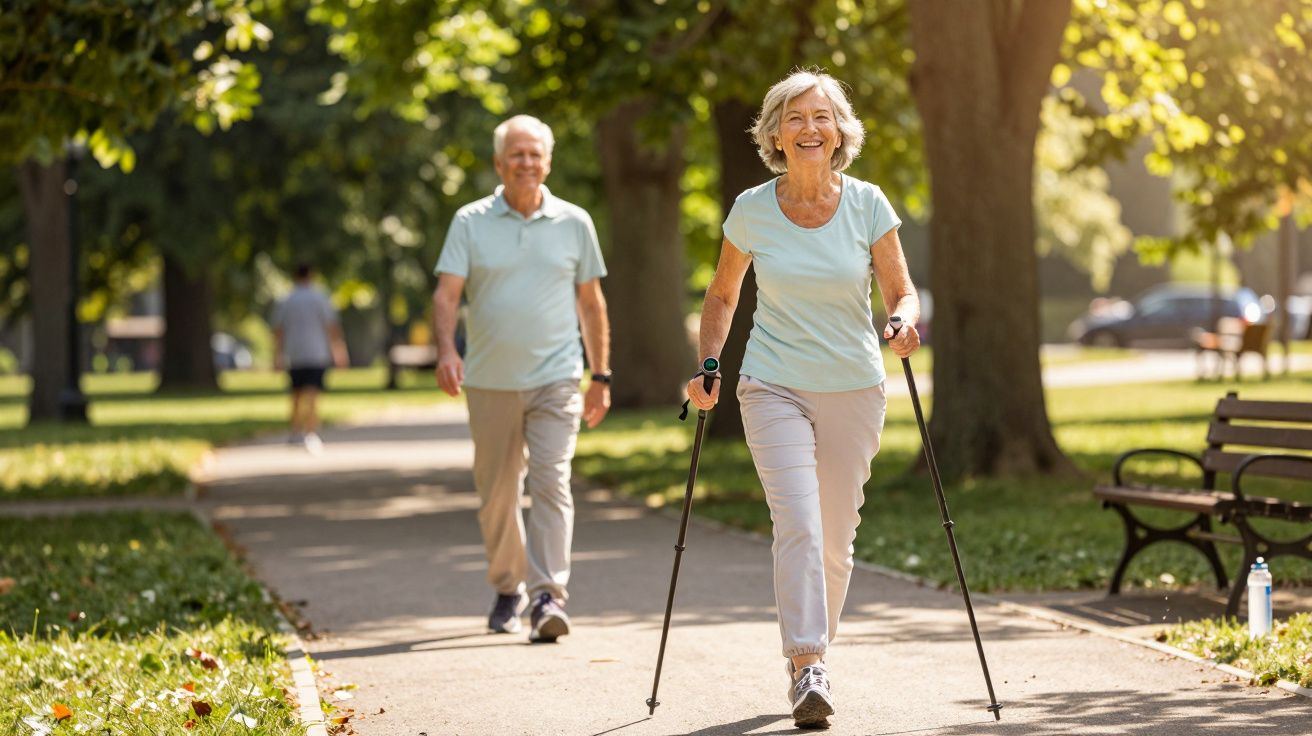 Starsza para spacerująca z kijkami Nordic walking po parku w słoneczny dzień.
