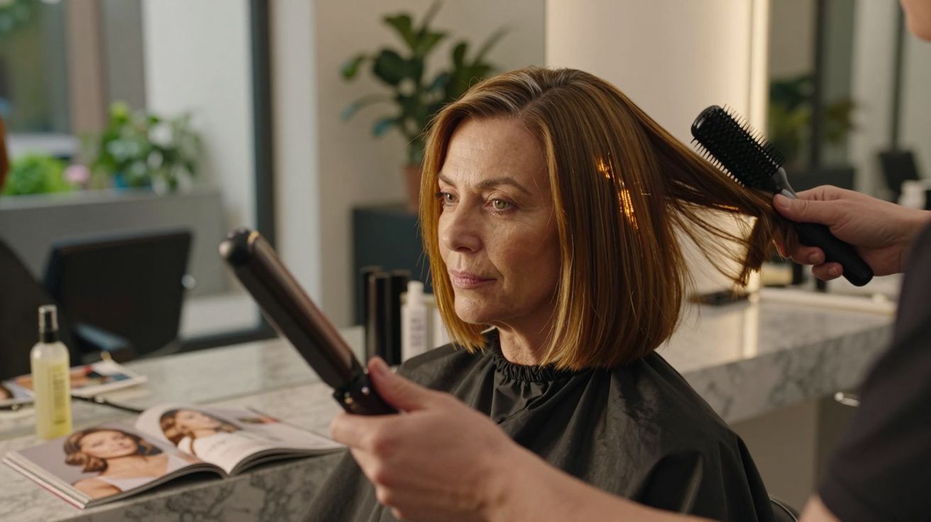 Kobieta podczas prostowania włosów w salonie fryzjerskim z kartką fryzur na blacie.