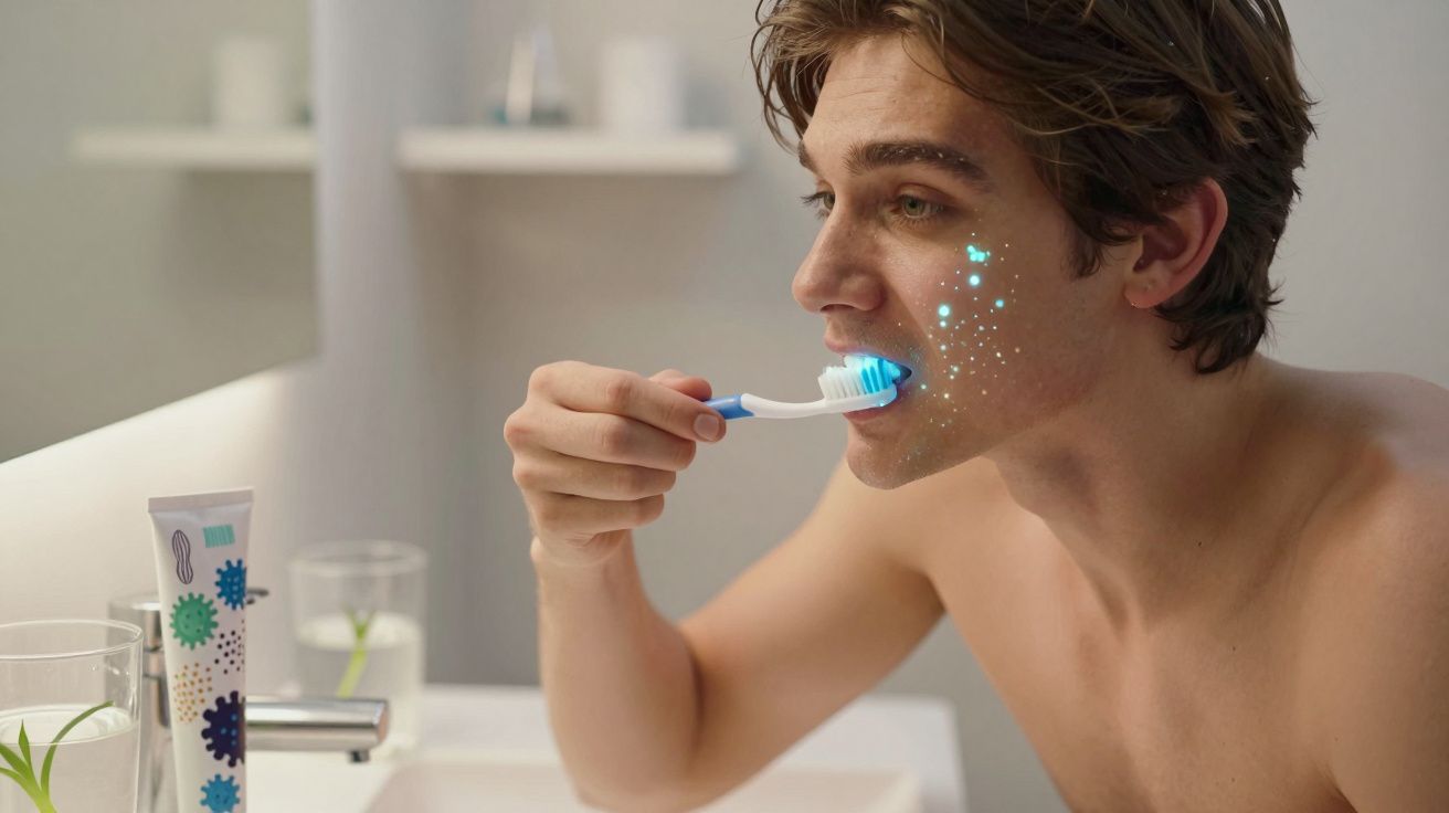 Mężczyzna myje zęby szczoteczką w łazience, widoczne efekty błysku na policzku.