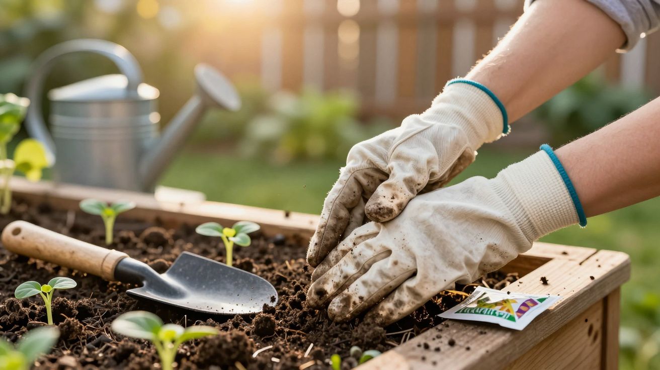 Osoba w rękawiczkach ogrodniczych sadzi młode rośliny w drewnianej skrzynce z ziemią.