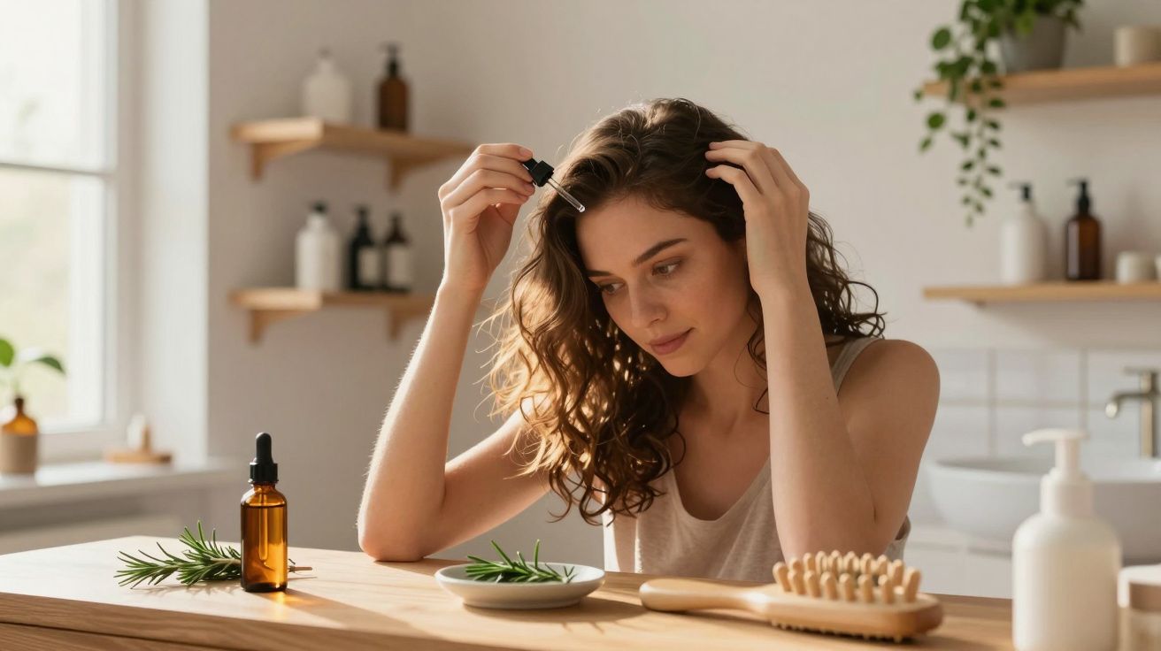 Młoda kobieta nakłada olejek na skórę głowy przy drewnianym stole w jasnej łazience.