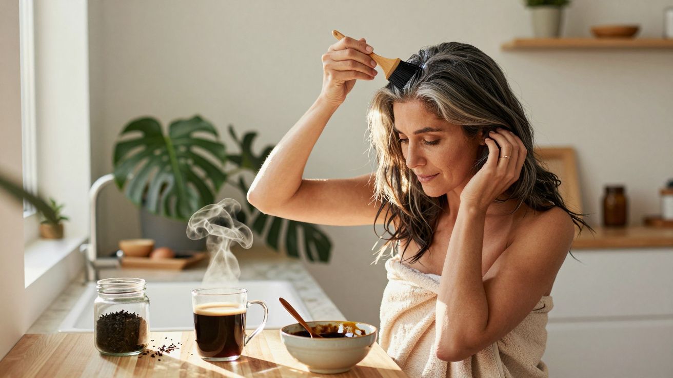 Kobieta w ręczniku nakłada olejek na włosy w kuchni przy stole z kubkiem kawy i miską jedzenia.