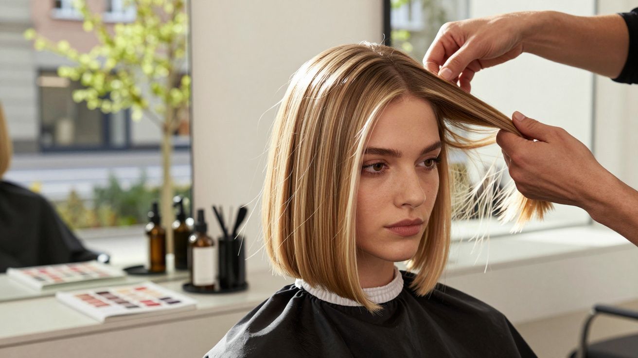 Kobieta z blond bobem siedzi u fryzjera, który układa jej włosy w nowej stylizacji.