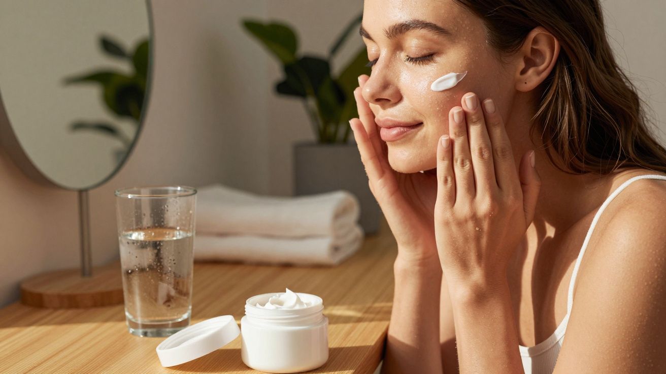Kobieta nakłada krem na twarz, siedząc przy drewnianym stole z lustrem i szklanką wody.