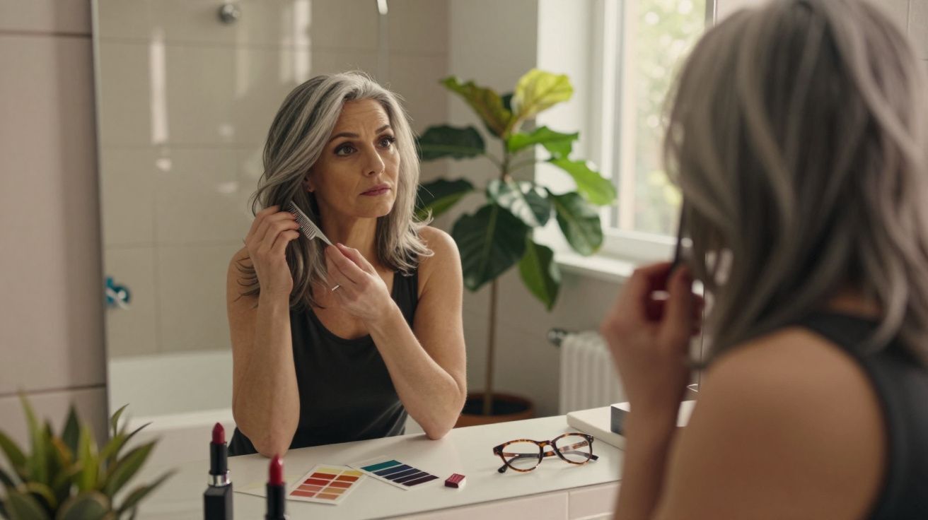 Kobieta z siwymi włosami maluje usta przy lustrze w jasnej łazience z roślinami.