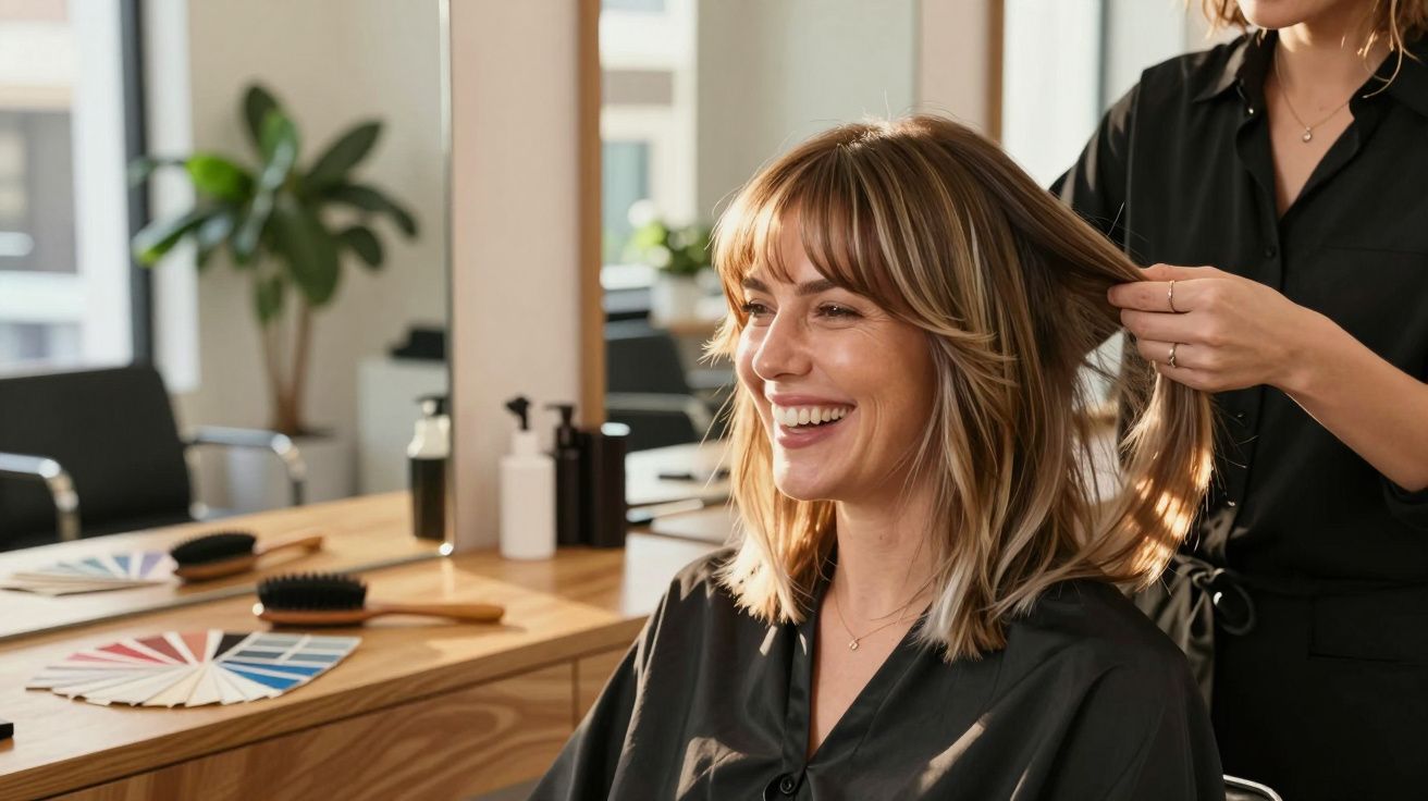 Kobieta uśmiechająca się podczas stylizacji włosów w nowoczesnym salonie fryzjerskim.