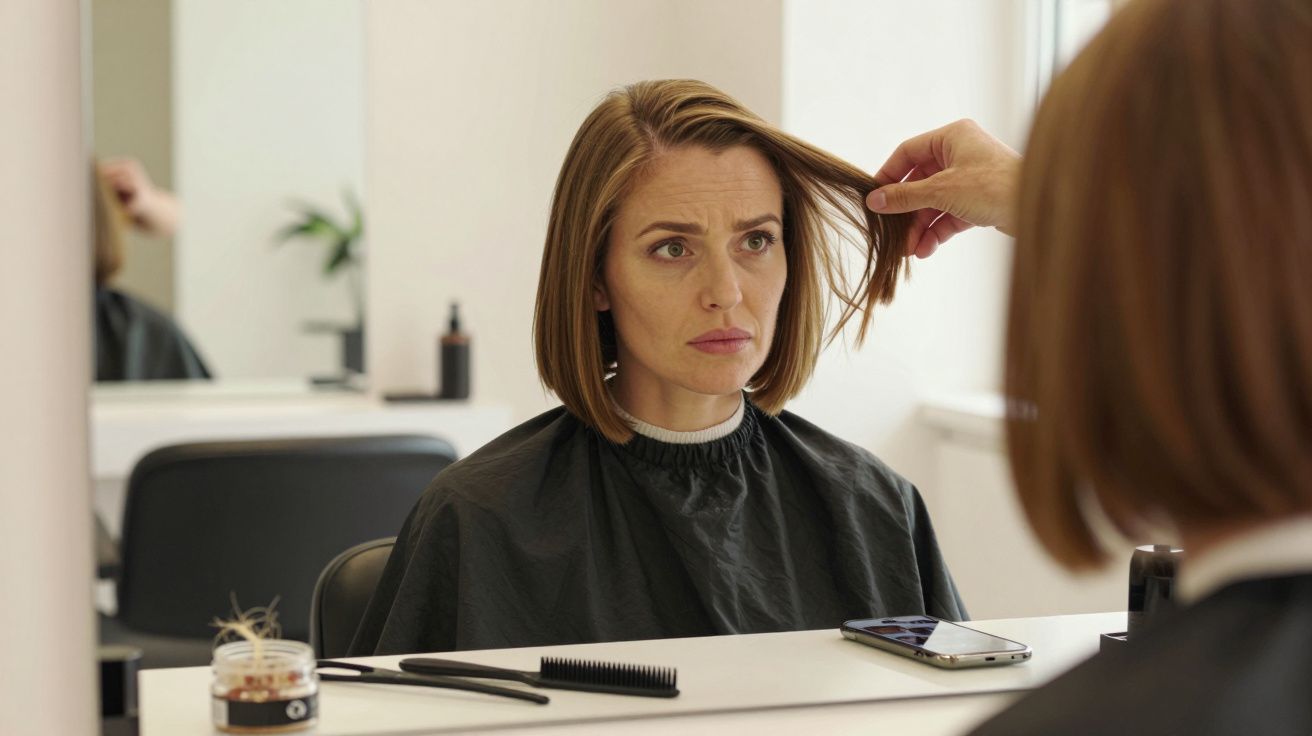 Kobieta z krótkimi włosami siedzi w salonie fryzjerskim, przegląda się w lustrze podczas strzyżenia.