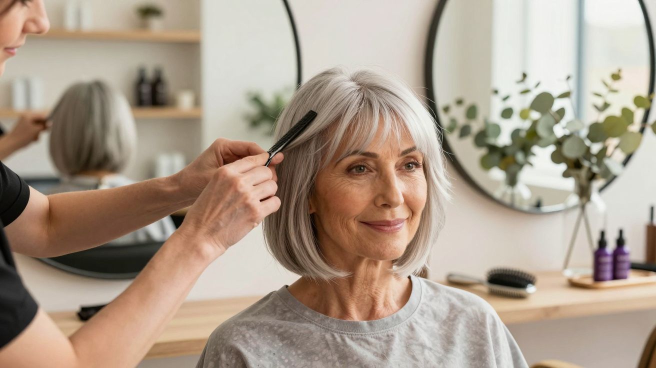 Starsza kobieta u fryzjera, który czesze jej krótkie siwe włosy przed lustrem.