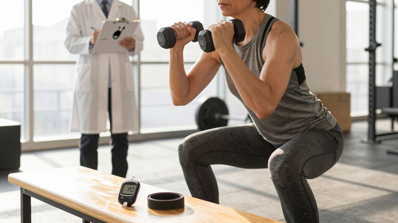 Kobieta ćwiczy przysiady z hantlami, a trener w białym fartuchu obserwuje i zapisuje wyniki.