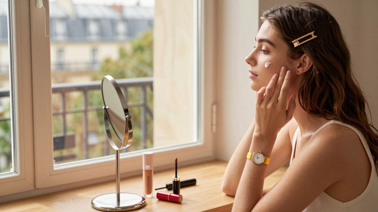 Młoda kobieta nakłada krem na twarz siedząc przy oknie z kosmetykami i lustrem na stole.