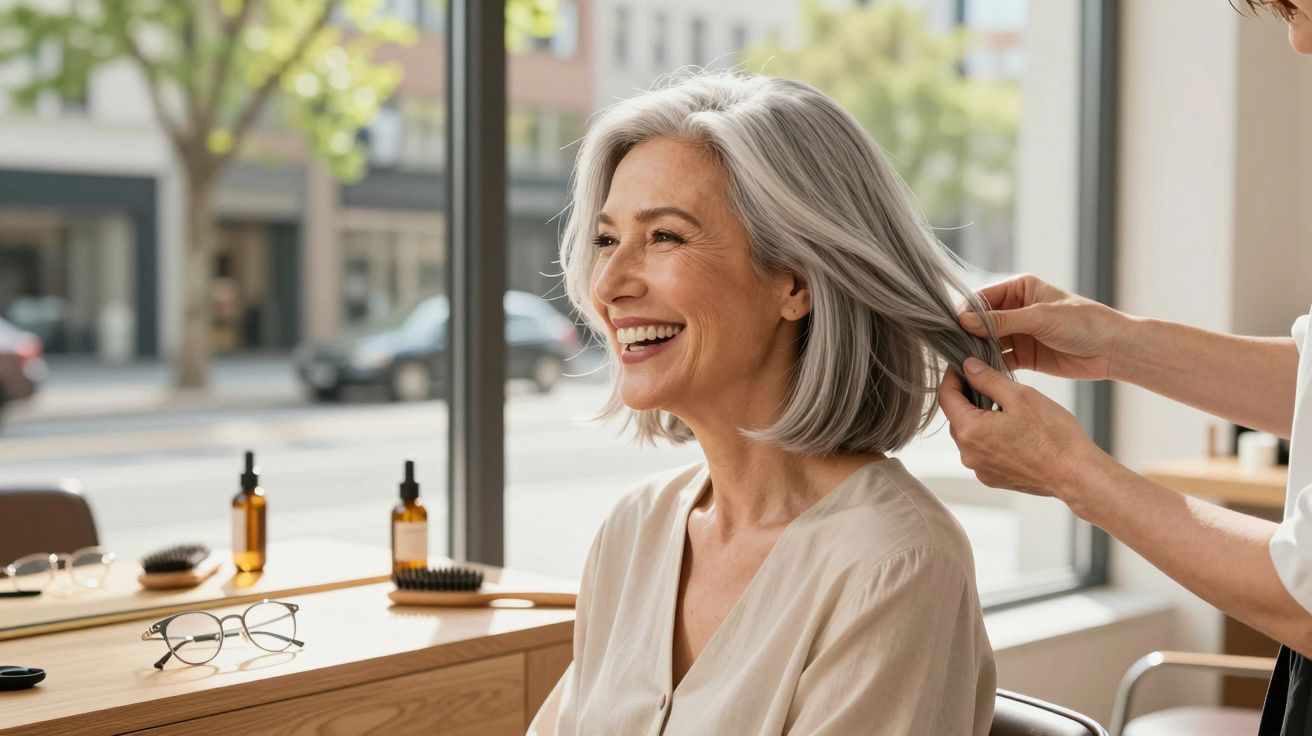 Uśmiechnięta starsza kobieta z siwymi włosami podczas pielęgnacji włosów w salonie fryzjerskim.