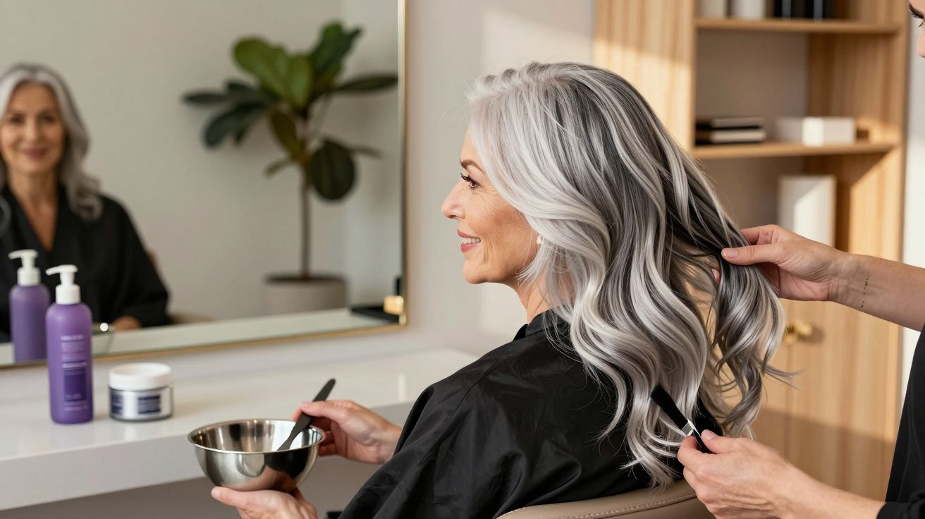 Kobieta z siwymi włosami w salonie fryzjerskim podczas stylizacji przez fryzjera.