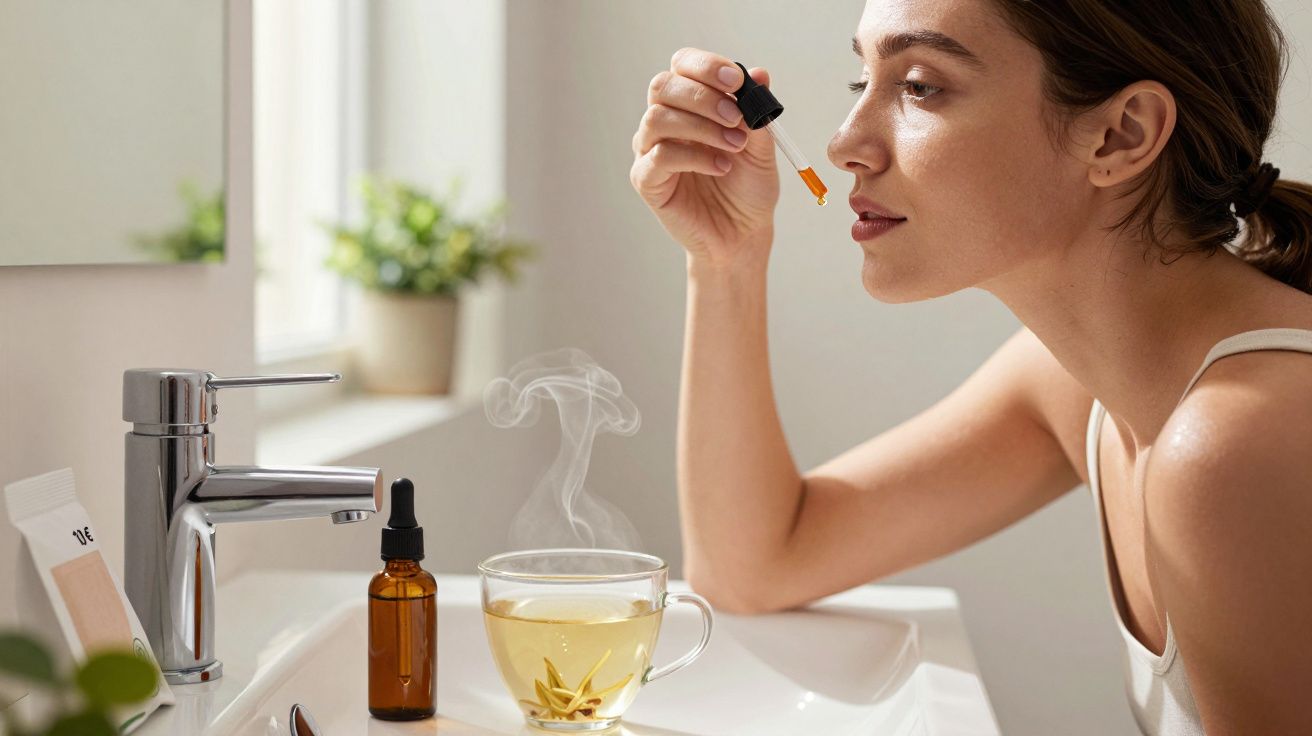 Kobieta nakłada krople olejku na twarz przy umywalce z filiżanką parującej herbaty.