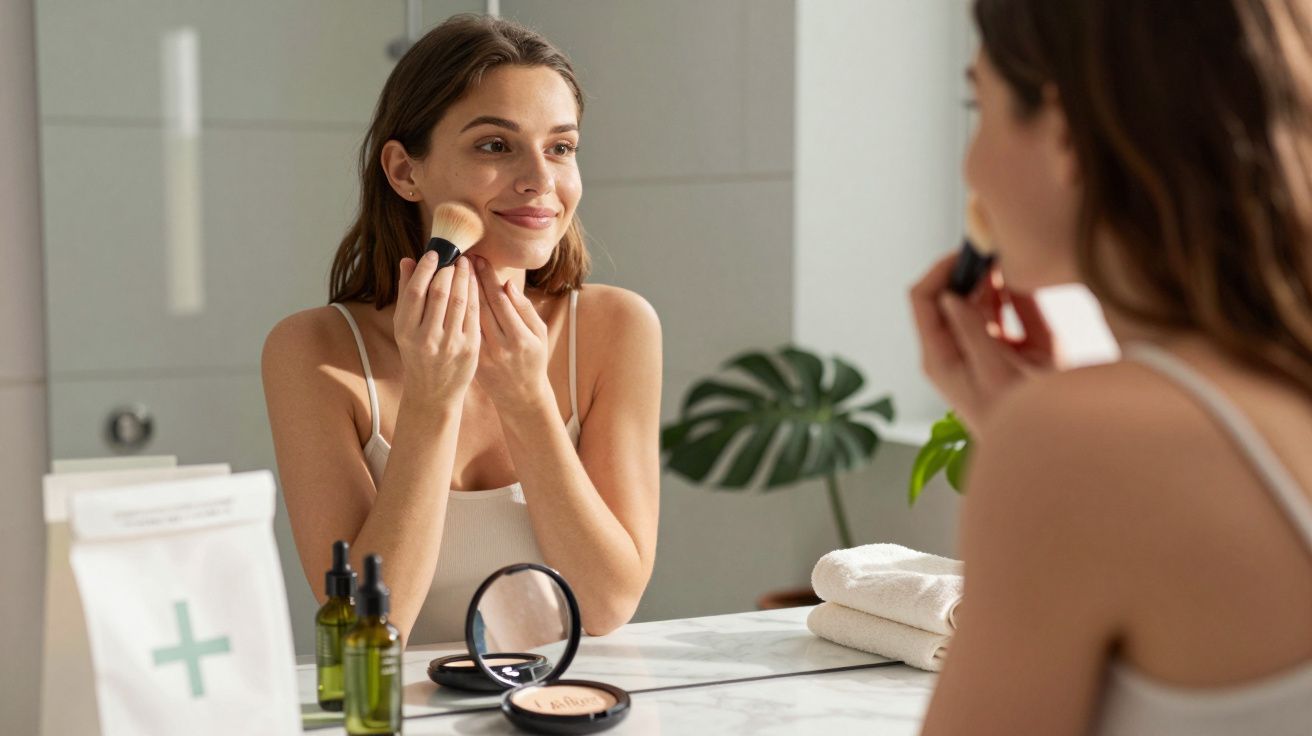 Kobieta nakłada makijaż pędzlem przed lustrem w łazience na jasnym tle.