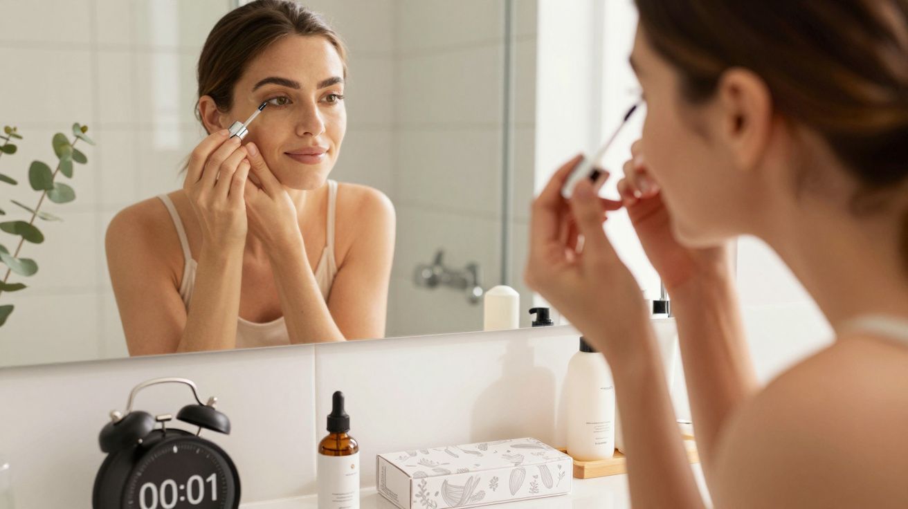 Kobieta nakłada makijaż przed lustrem w łazience, trzymając pędzelek do cieni do powiek.