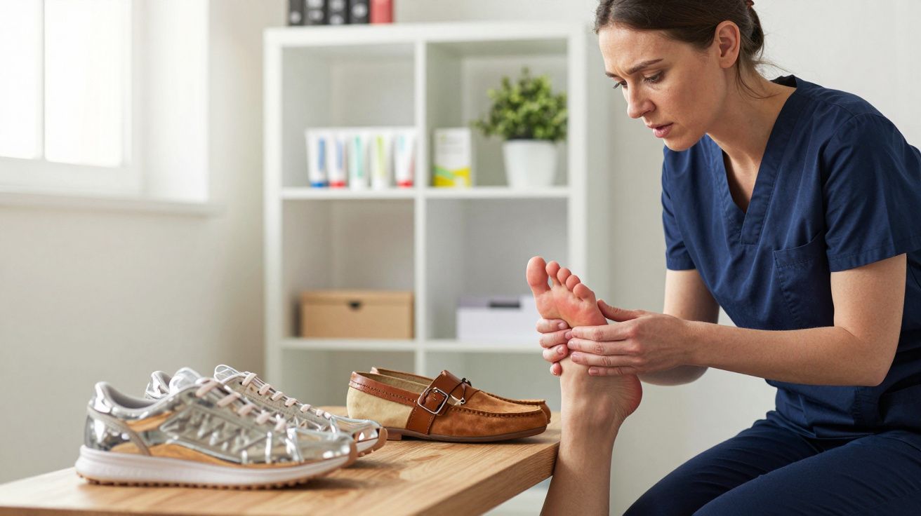 Podolog badający stopę pacjenta w gabinecie, na stole para butów sportowych i mokasynów.