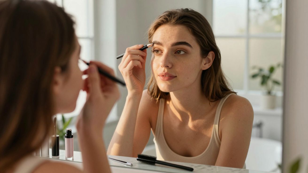 Kobieta malująca brwi pędzelkiem, patrząc w lustro w jasnym pomieszczeniu.