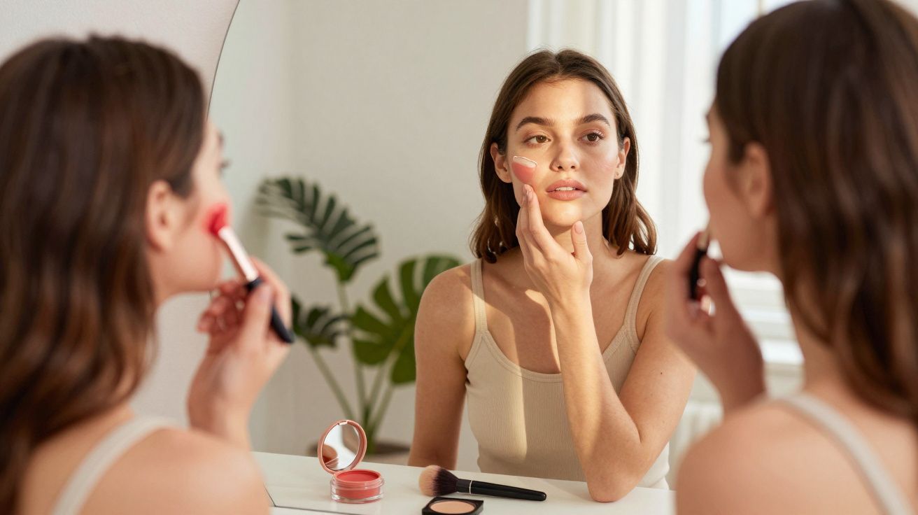 Kobieta nakłada róż do policzków, patrząc w lustro na białym tle z rośliną w tle.