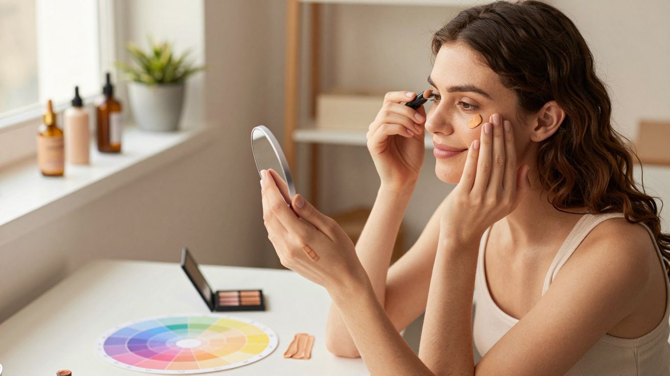 Kobieta nakłada podkład na twarz, patrząc w małe lusterko, siedząc przy białym stole z kosmetykami.