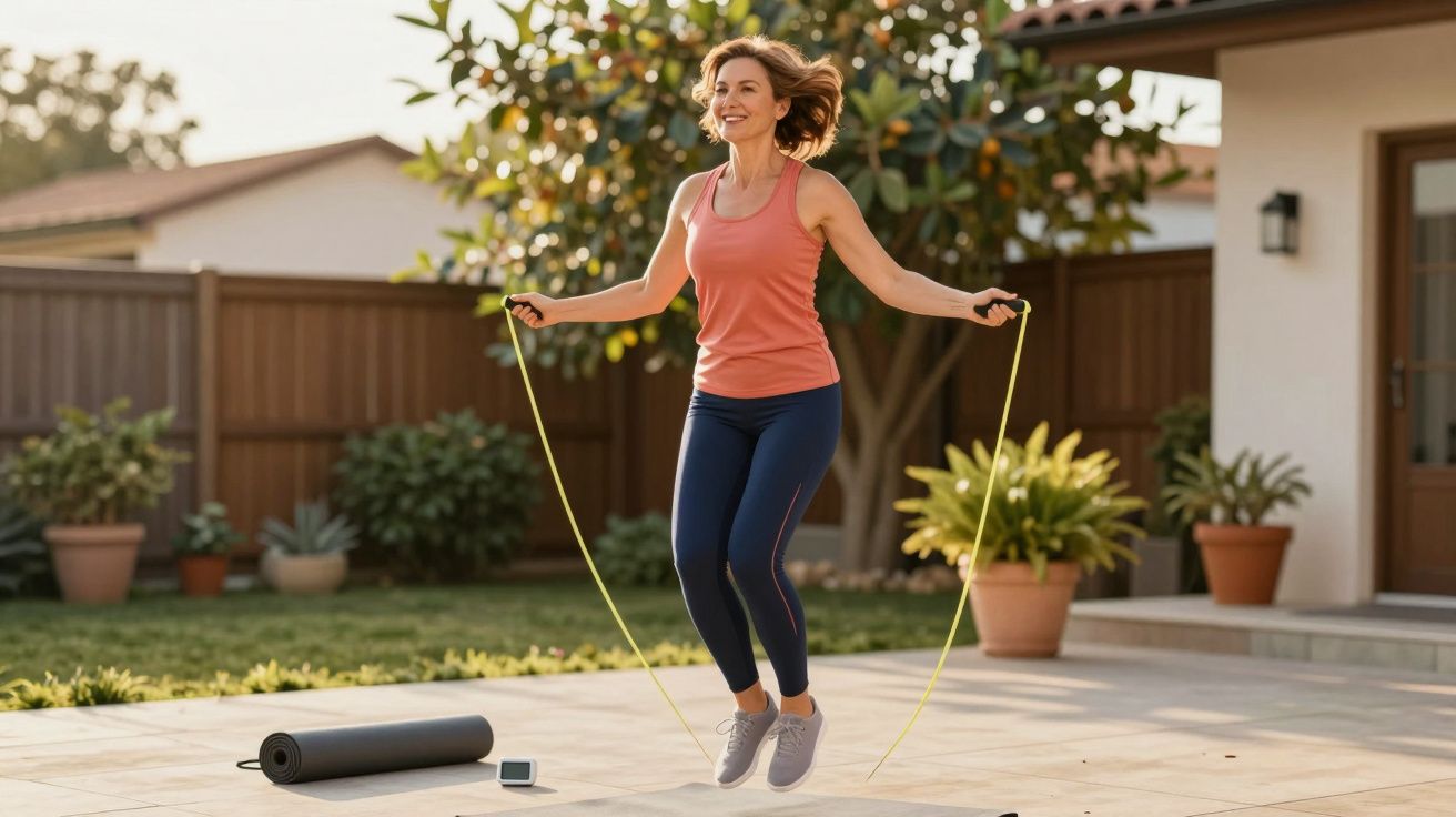 Kobieta skacze na skakance w ogrodzie przed domem, obok mata do ćwiczeń i zegarek sportowy.