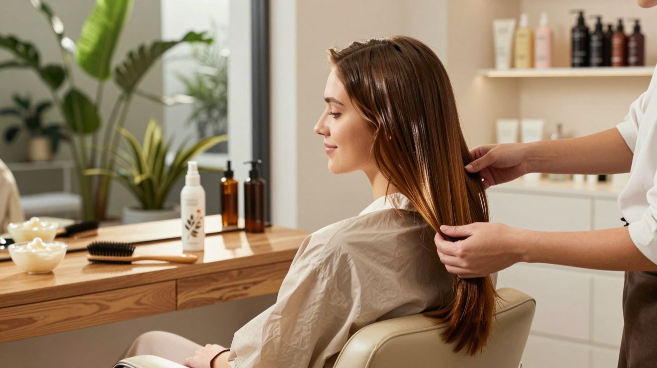 Kobieta siedzi w salonie fryzjerskim, fryzjer dotyka jej długości włosów przed zabiegiem.