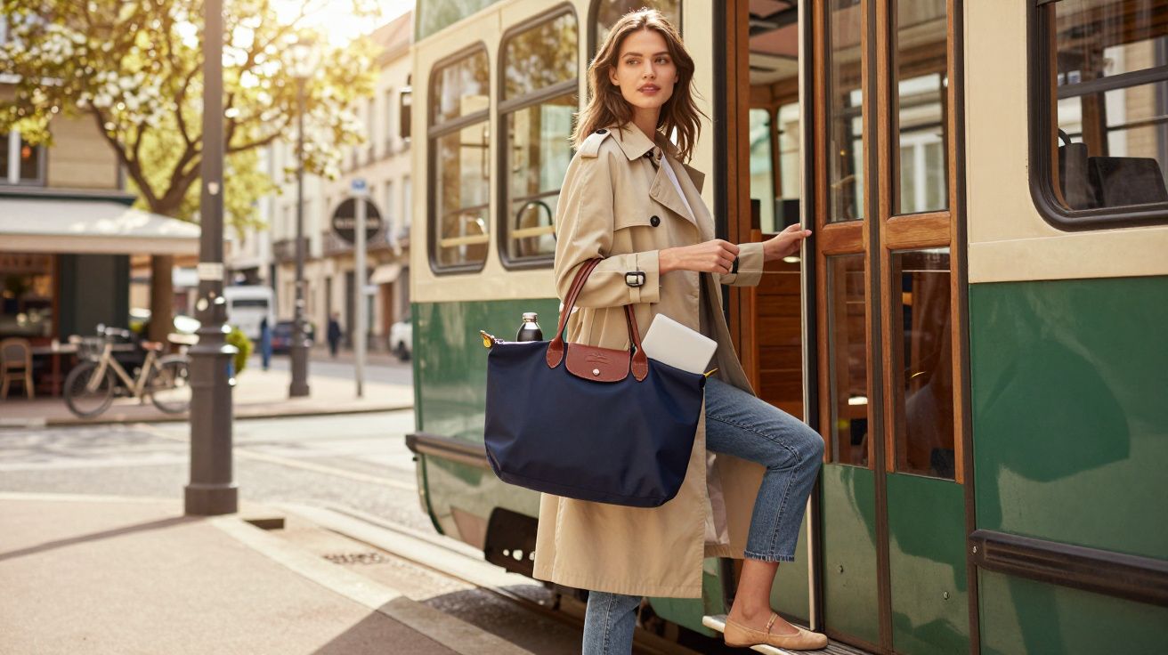 Kobieta w beżowym płaszczu wchodzi do zielono-kremowego tramwaju w słoneczny dzień w mieście.