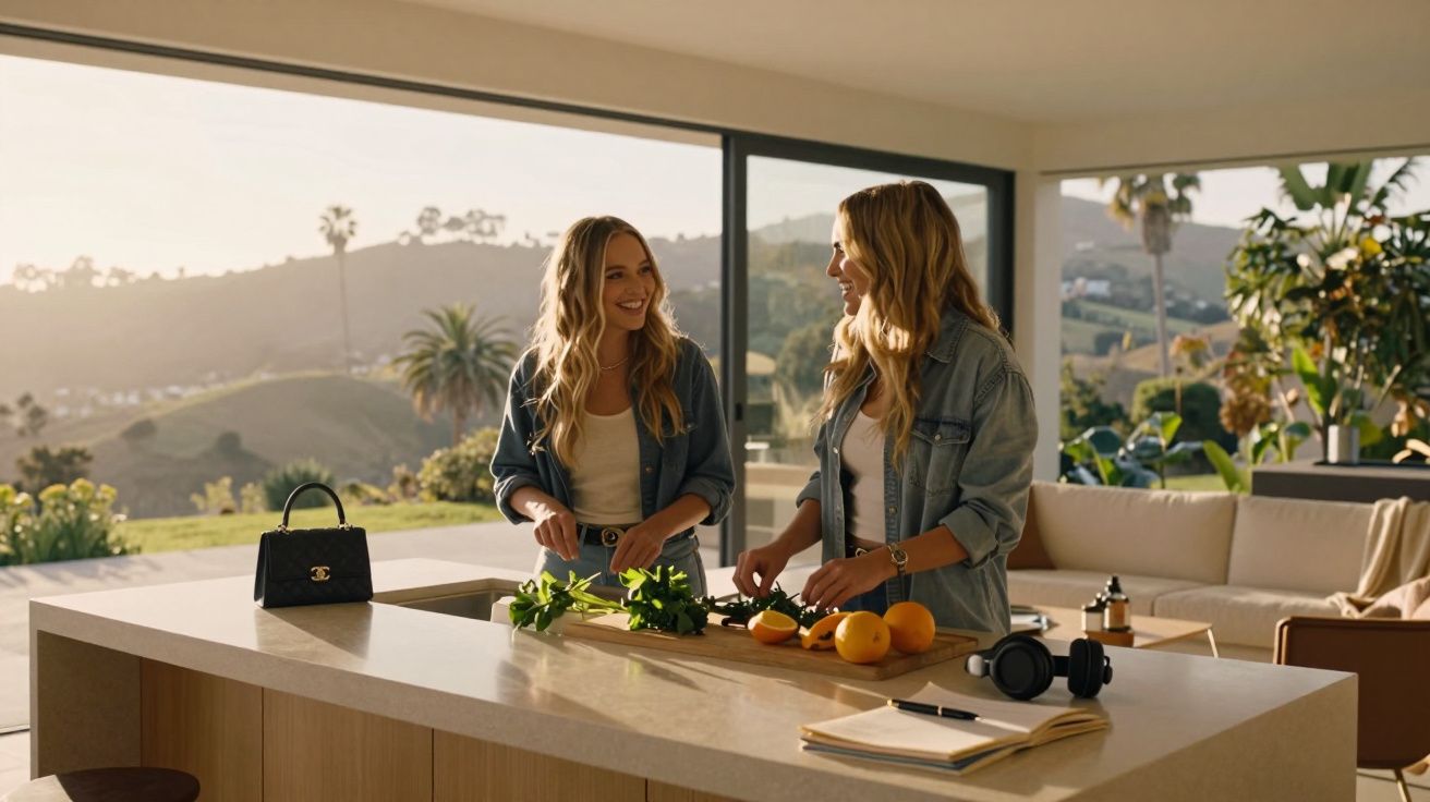 Dwie kobiety rozmawiające i przygotowujące jedzenie w nowoczesnej kuchni z dużymi oknami i widokiem na wzgórza.