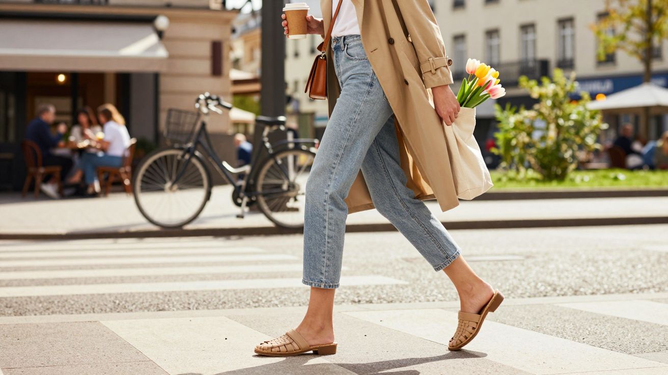 Kobieta w trenczu, dżinsach i klapkach przechodzi przez pasy, trzyma kawę i torbę z tulipanami.