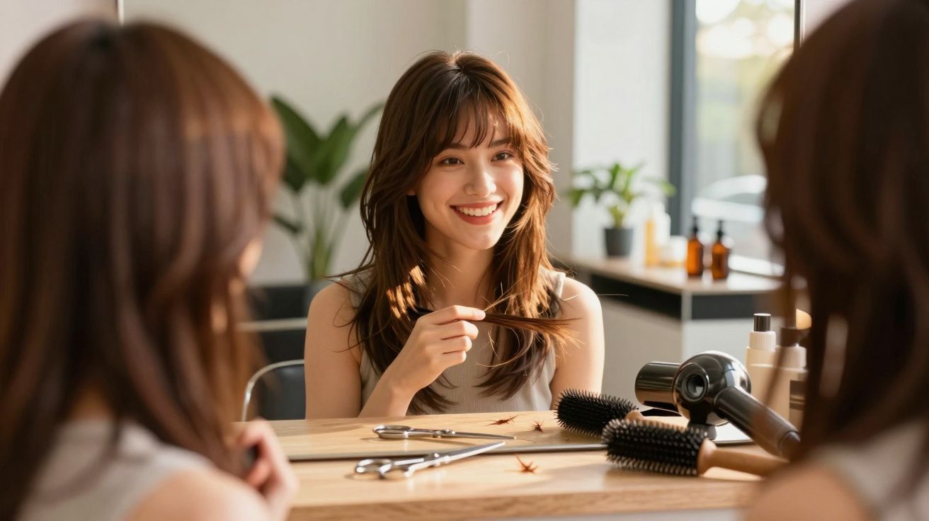 Młoda kobieta uśmiecha się, siedząc przy lustrze z narzędziami do pielęgnacji włosów na stole.