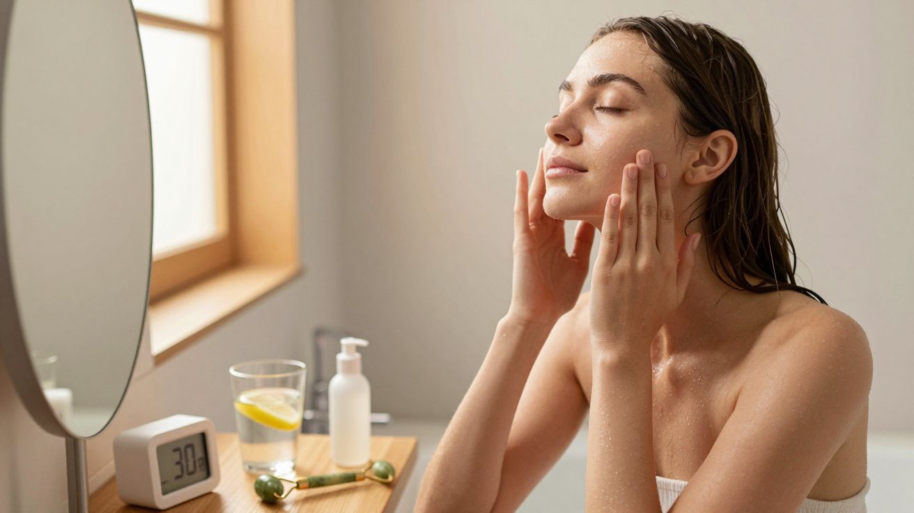 Młoda kobieta z mokrą skórą delikatnie masuje twarz przed lustrem w łazience.